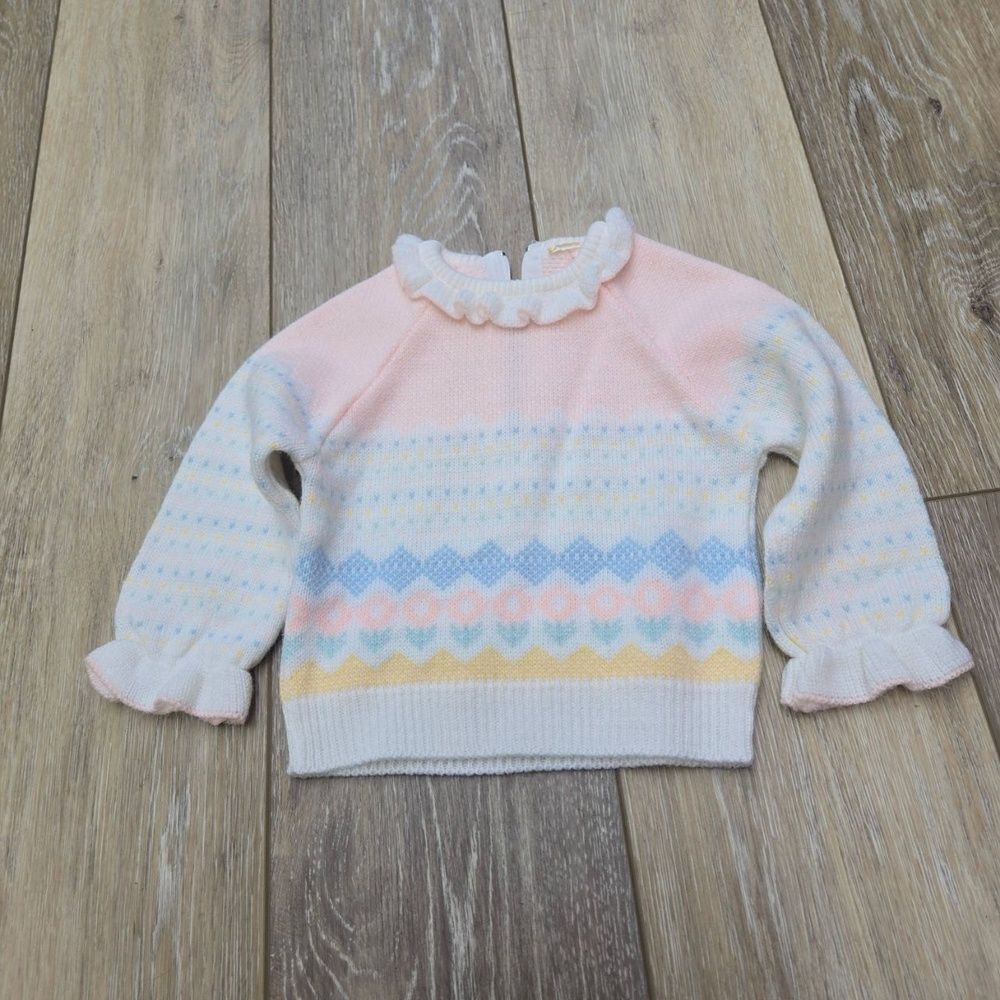 Vintage pastel fair isle sweater with ruffles, flowers & hearts baby girl 9-12mo